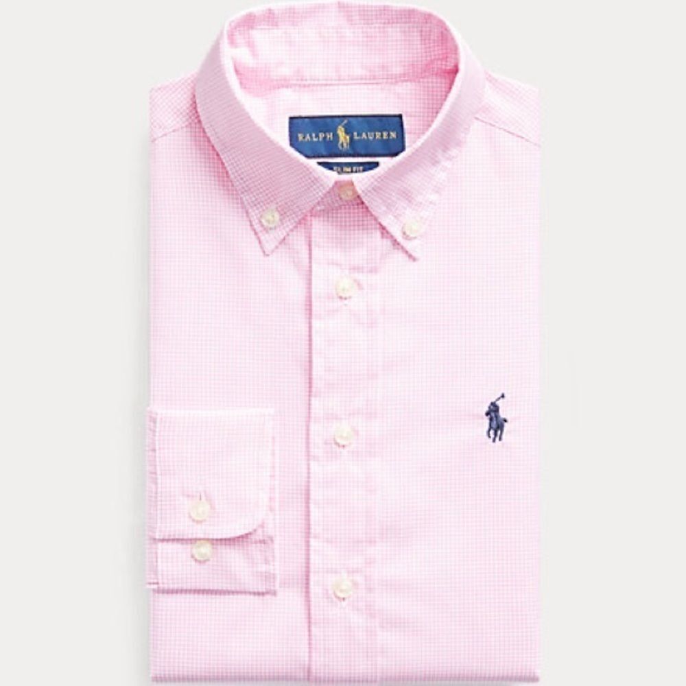 Ralph Lauren Boys Pink Gingham Slim Fit Dress Long Sleeve Shirt. Size 18.
